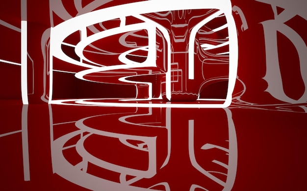 Interior abstracto del futuro en un estilo minimalista con escultura roja y agua Arco de vista nocturna