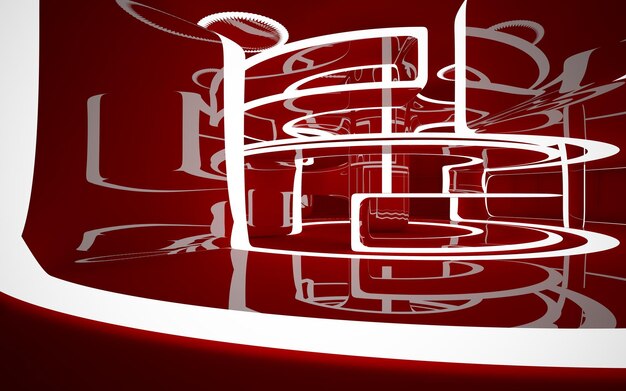 Interior abstracto del futuro en un estilo minimalista con escultura roja y agua Arco de vista nocturna