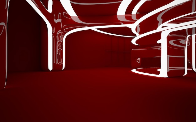 Interior abstracto del futuro en un estilo minimalista con escultura roja y agua Arco de vista nocturna