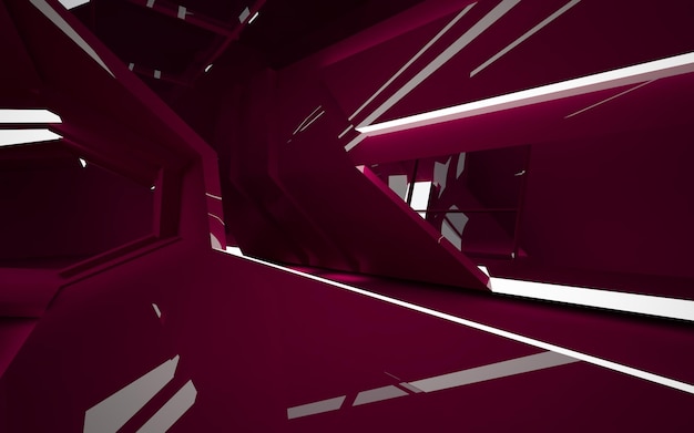Interior abstracto del futuro en estilo minimalista con escultura roja y agua. Vista nocturna .