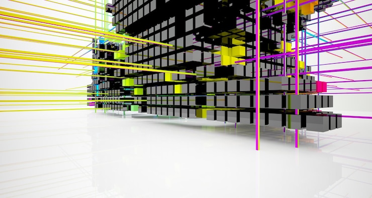 Foto interior abstracto de gafas degradadas blancas y de colores de cubos de matriz con ventana grande 3d