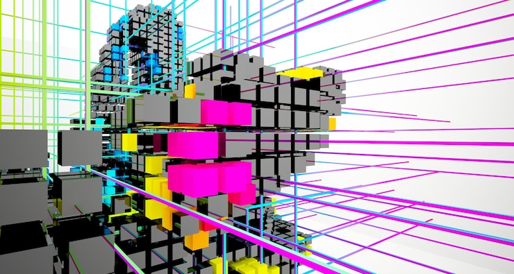 Foto interior abstracto de gafas degradadas blancas y de colores de cubos de matriz con ventana grande 3d