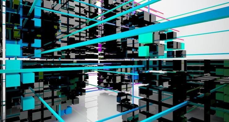 Foto interior abstracto de gafas degradadas blancas y de colores de cubos de matriz con ventana grande 3d