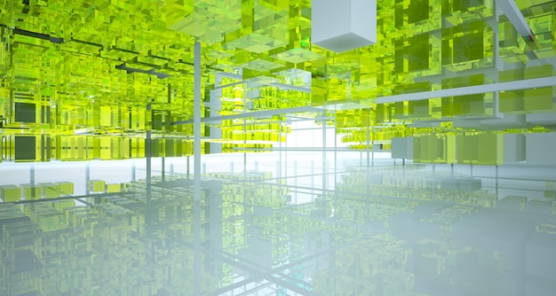 Interior abstracto de gafas degradadas blancas y de colores de cubos de matriz con ventana grande 3D