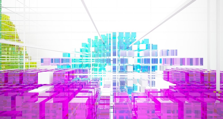 Foto interior abstracto de gafas degradadas blancas y de colores de cubos de matriz con ventana grande 3d