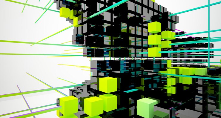 Foto interior abstracto de gafas degradadas blancas y de colores de cubos de matriz con ventana grande 3d