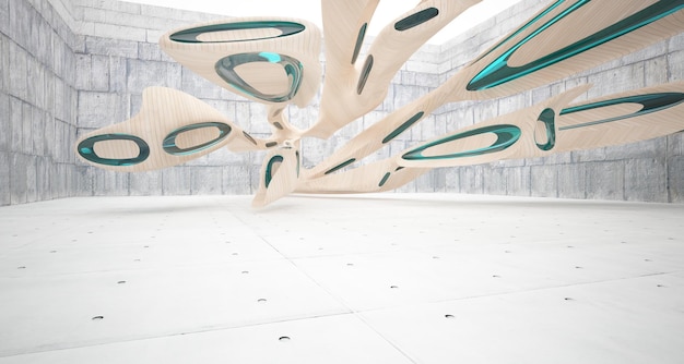 Interior abstrato de concreto e madeira com ilustração e renderização em 3D de janela