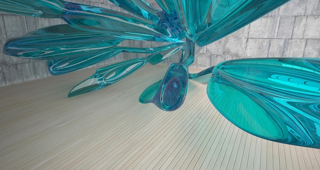 Interior abstrato de concreto e madeira com ilustração e renderização em 3D de janela