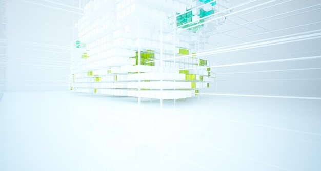 Interior abstrato de óculos de gradiente branco e colorido de uma variedade de cubos com janela 3D