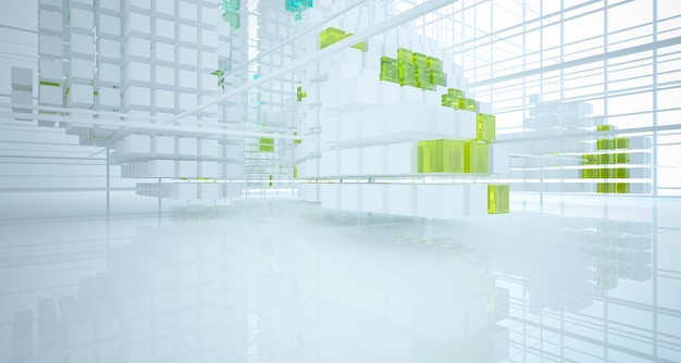Interior abstrato de óculos de gradiente branco e colorido de uma variedade de cubos com janela 3D