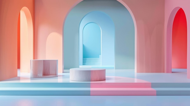 Interior abstrato moderno com arcos e cores pastel