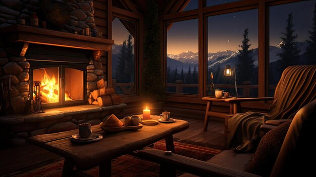Un interior acogedor de la cabaña con una chimenea rugiente y cacao caliente Acogedor refugio cálido de invierno fuego crujiente relajación comodidad de vacaciones momentos compartidos generados por IA