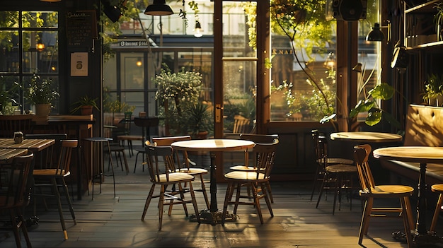 Interior acogedor de la cafetería al atardecer con plantas y muebles de madera cafetería vacía esperando a los clientes atmósfera cálida y acogedora ideal para conceptos de comidas IA