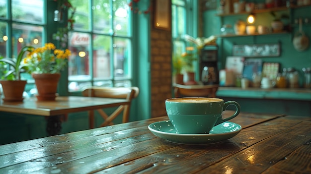 Interior acogedor de una cafetería con café fresco en una mesa de madera