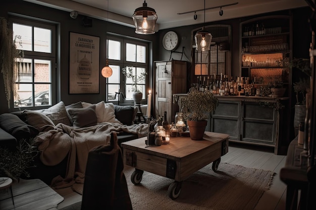 Un interior acogedor y cálido con un toque industrial vintage creado con aire generativo