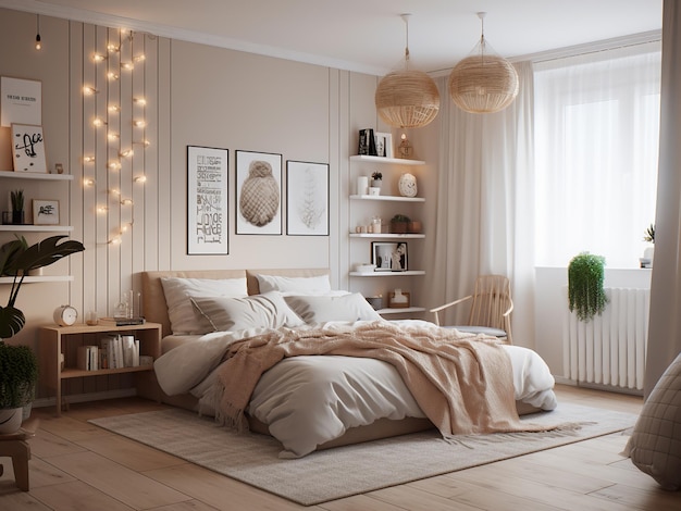 Interior acogedor de dormitorio beige con amplias piezas de muebles generadas por IA