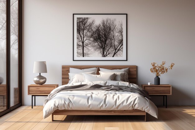 Interior acogedor de dormitorio con gran cama doble ropa de cama beige decoración de muebles de madera a cuadros
