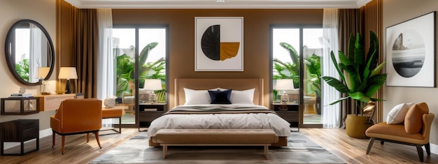 Interior de un acogedor dormitorio moderno en tonos marrón claro y beige