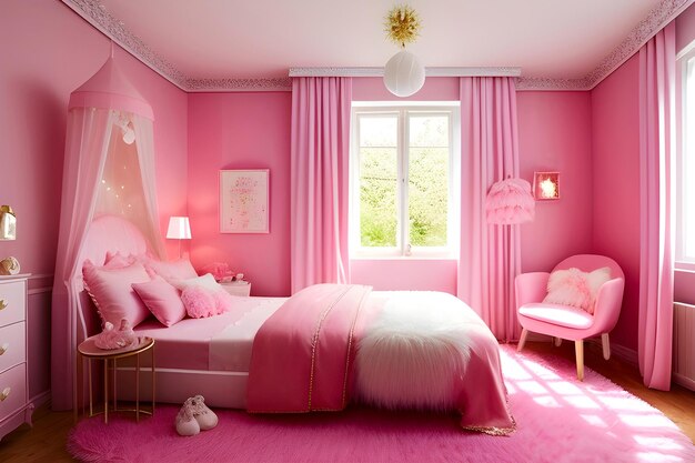 Interior de un acogedor dormitorio rosa con una alfombra esponjosa para una niña Diseño de estilo muñeca Generado por IA