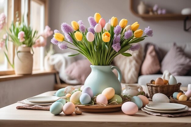 El interior acogedor del hogar con decoración de Pascua en la mesa ar c