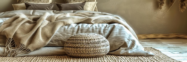 Interior acogedor con mantas y almohadas suaves que muestran un espacio de vida cómodo y elegante con telas texturizadas y colores neutros