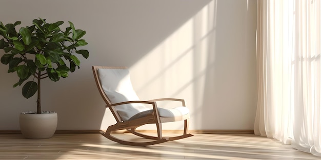 Interior acogedor con mecedora y plantas iluminadas por el sol diseño de habitaciones simples espacio moderno y sereno para la relajación decoración del hogar de estilo escandinavo AI