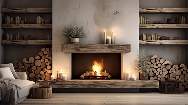 Interior acogedor y moderno salón de invierno con chimenea moderna en un chalet Diseño ai