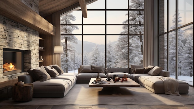 Interior acogedor y moderno salón de invierno con chimenea moderna en un chalet Diseño ai