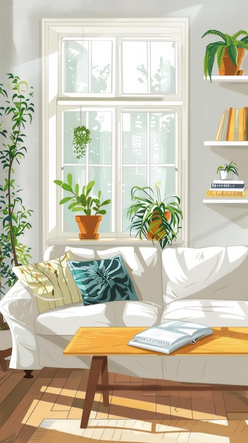 Interior acogedor de la sala de estar de la casa con sofá y estantería de mesa de café con ventana