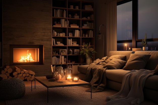 Interior acogedor de la sala de estar con chimenea y sofá acogedor renderización 3D Una sala de estar acogedora con una chimenea y una mesa de café AI imagen generativa AI generada