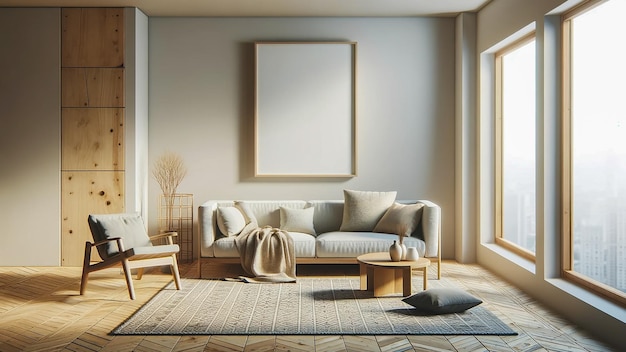 interior acogedor de la sala de estar con una maqueta en blanco de marco vertical