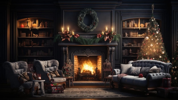 Interior de una acogedora sala de estar clásica con decoración navideña Chimenea encendida, guirnaldas y velas encendidas, elegante árbol de Navidad, sillones antiguos, librerías, cuento de hadas navideño