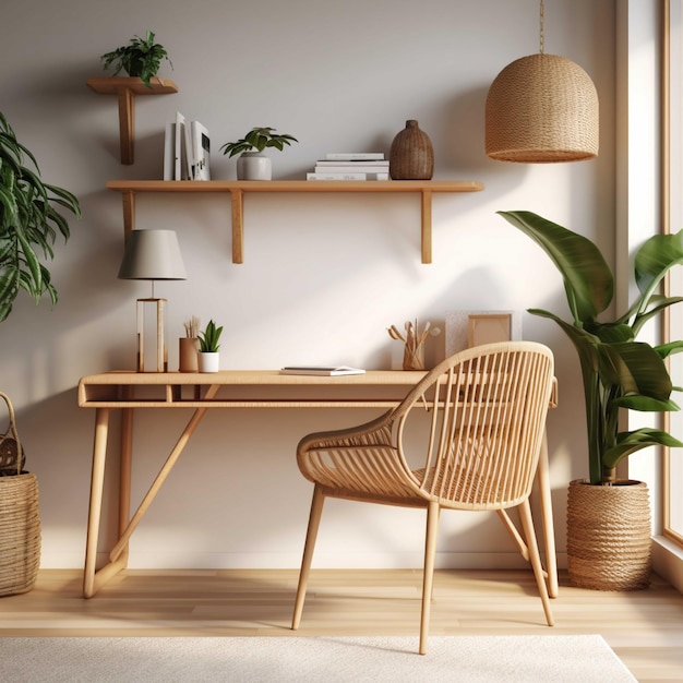 Interior de una acogedora sala de estar con mesa de madera, portátil y plantas.