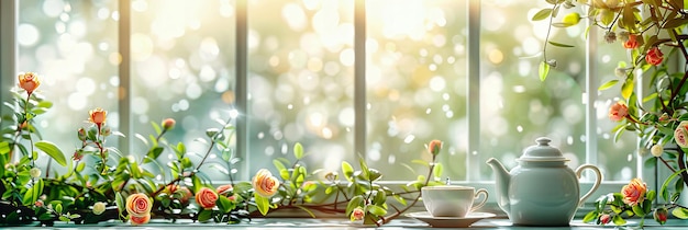 Interior aconchegante com decoração vintage e uma mesa de madeira rústica Flores frescas que trazem vida e cor para o interior