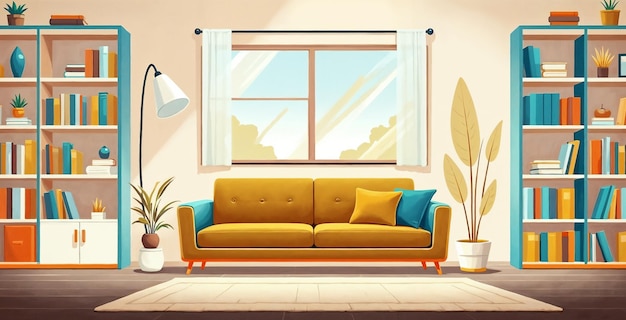 Interior aconchegante da sala de estar com estante, sofá, janela e plantas