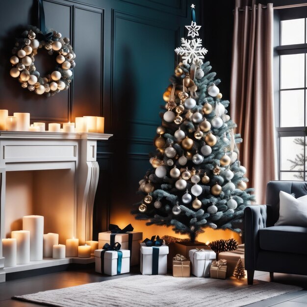 Interior aconchegante da sala de estar com lareira e árvore de Natal é decorada com ornamentos de Natal