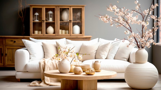 Interior aconchegante da sala de estar com vaso de cerâmica com galhos em flor e livros na mesa na sala de estar