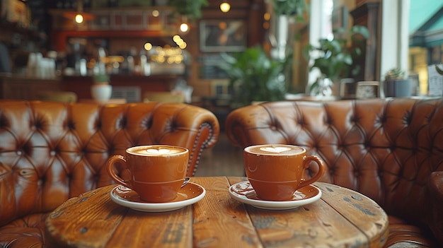 Foto interior aconchegante de café com dois cappuccinos em mesa de madeira