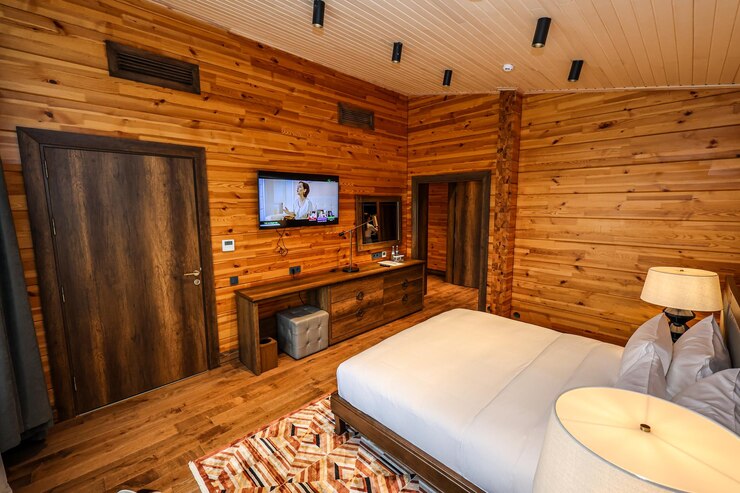 Foto interior aconchegante de quarto de madeira com iluminação quente