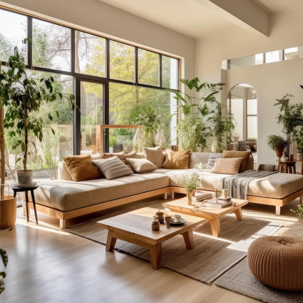 Interior aconchegante de sala de estar de estilo boho em cores naturais Divã de canto confortável com almofadas muitas plantas de casa mesas de café de madeira tapete no chão de madeira decoração de casa renderização 3D