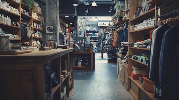 Interior aconchegante de uma boutique com prateleiras de madeira