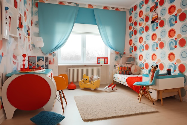 Foto interior aconchegante do quarto infantil colorido