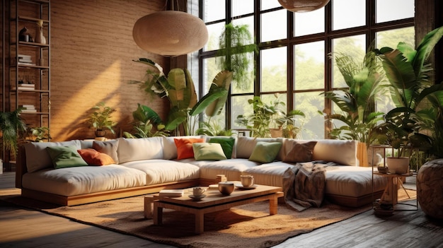 Interior aconchegante e elegante de sala de estar em estilo boho em cores naturais sofá confortável com muitas almofadas