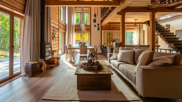 Interior aconchegante e quente de uma casa de campo chique com um plano aberto generative ai