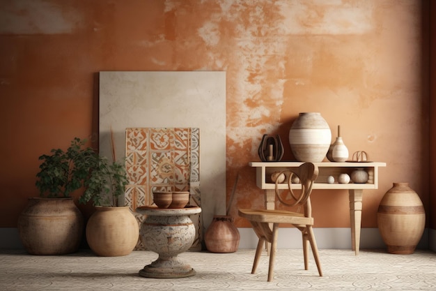 Interior aconchegante e simples com uma cadeira de mesa de madeira e vasos decorativos Generative AI