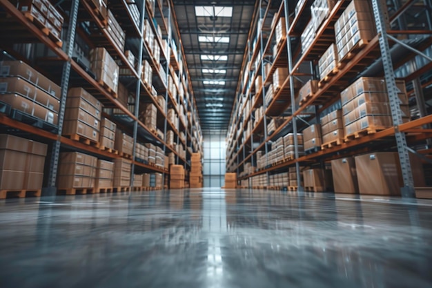 interior del almacén con filas de estantes y cajas