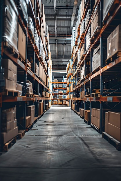 interior del almacén con filas de estantes y cajas