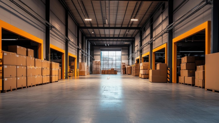 Foto interior del almacén frigorífico con cajas de cartón