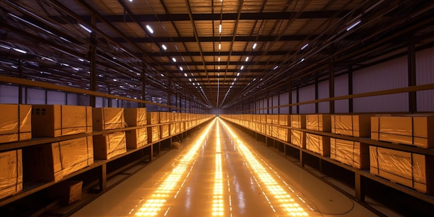 Interior del almacén con iluminación LED del edificio de la industria de distribución del centro minorista