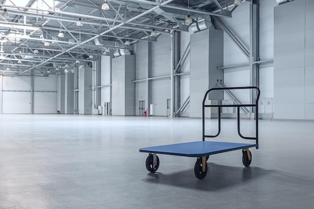 Interior del almacén vacío con un carro.